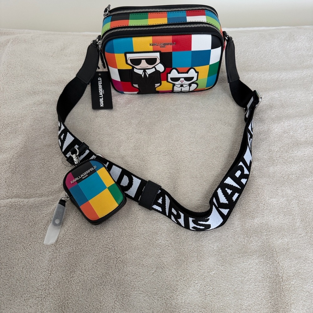 Karl Lagerfeld Multicolor Checkered Crossbody Bag with Logo Strap & White Scarf